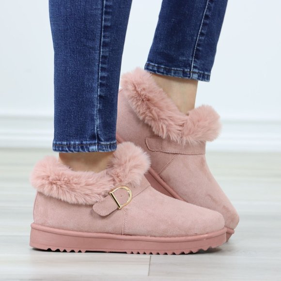 Faux Pink Suede Fuzzy Warm Ankle Booties Super Cozy Fully Lined - Picture 2 of 13